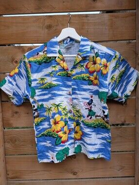 Vintage Disney Mickey Mouse Hawaiian Shirt Womens Small Linen Vacation Beach